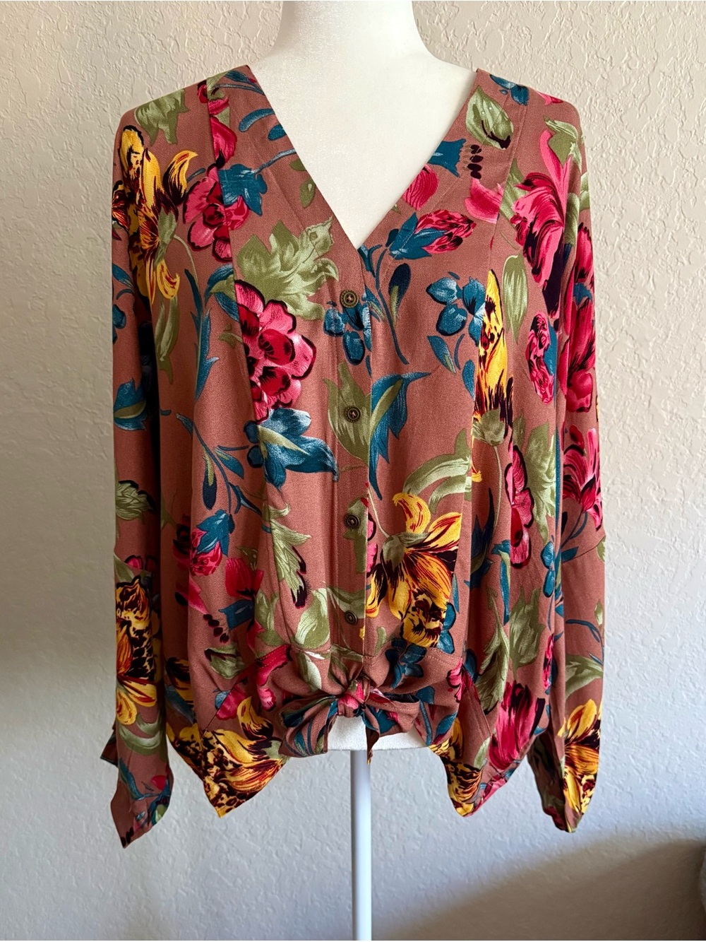 Umgee Red Clay Floral Tie Front Dolman Blouse Boho NWT XL